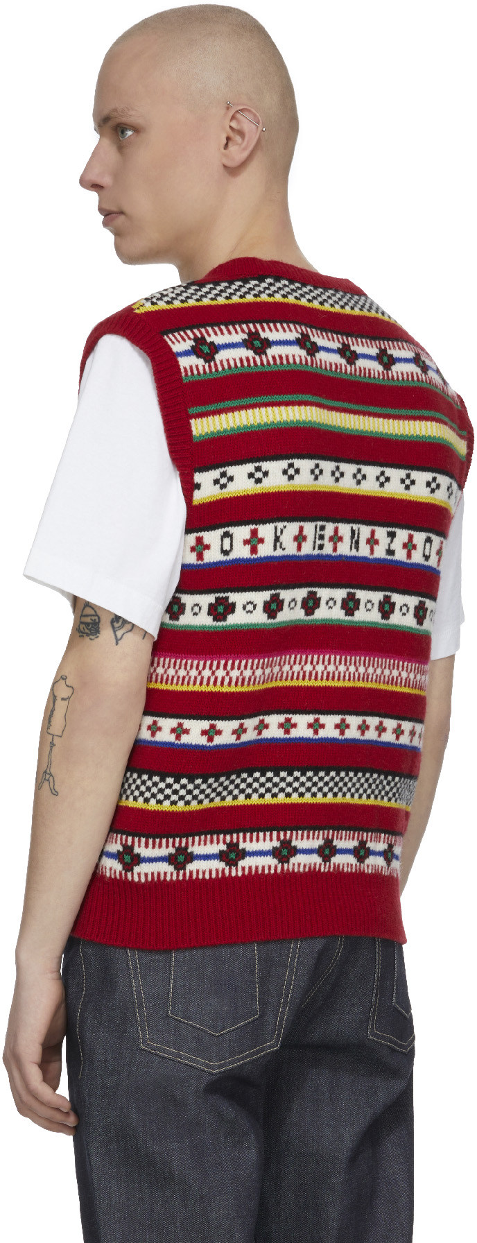 Kenzo: Red 'Fair Isle' Jacquard Knit V-Neck Sweater - 3