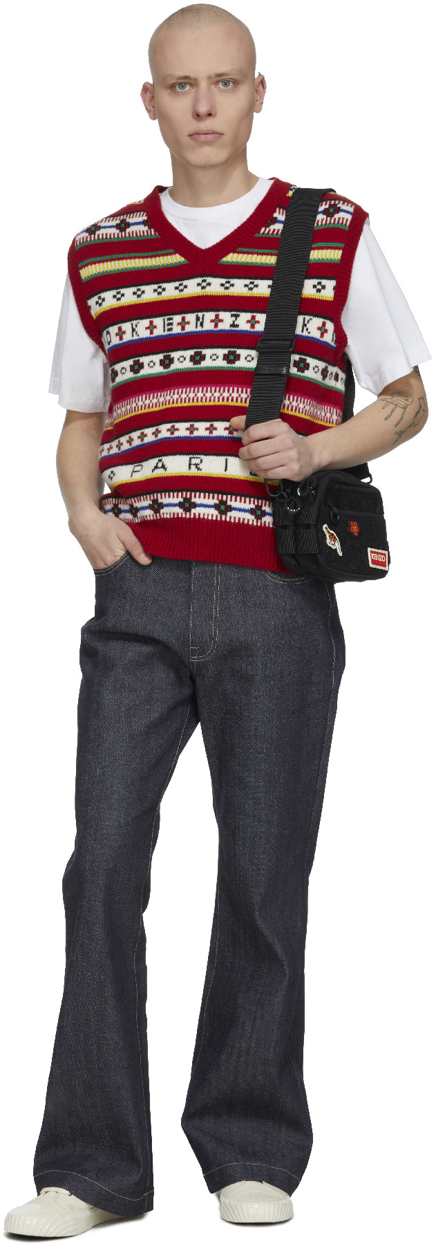 Kenzo: Red 'Fair Isle' Jacquard Knit V-Neck Sweater - 4