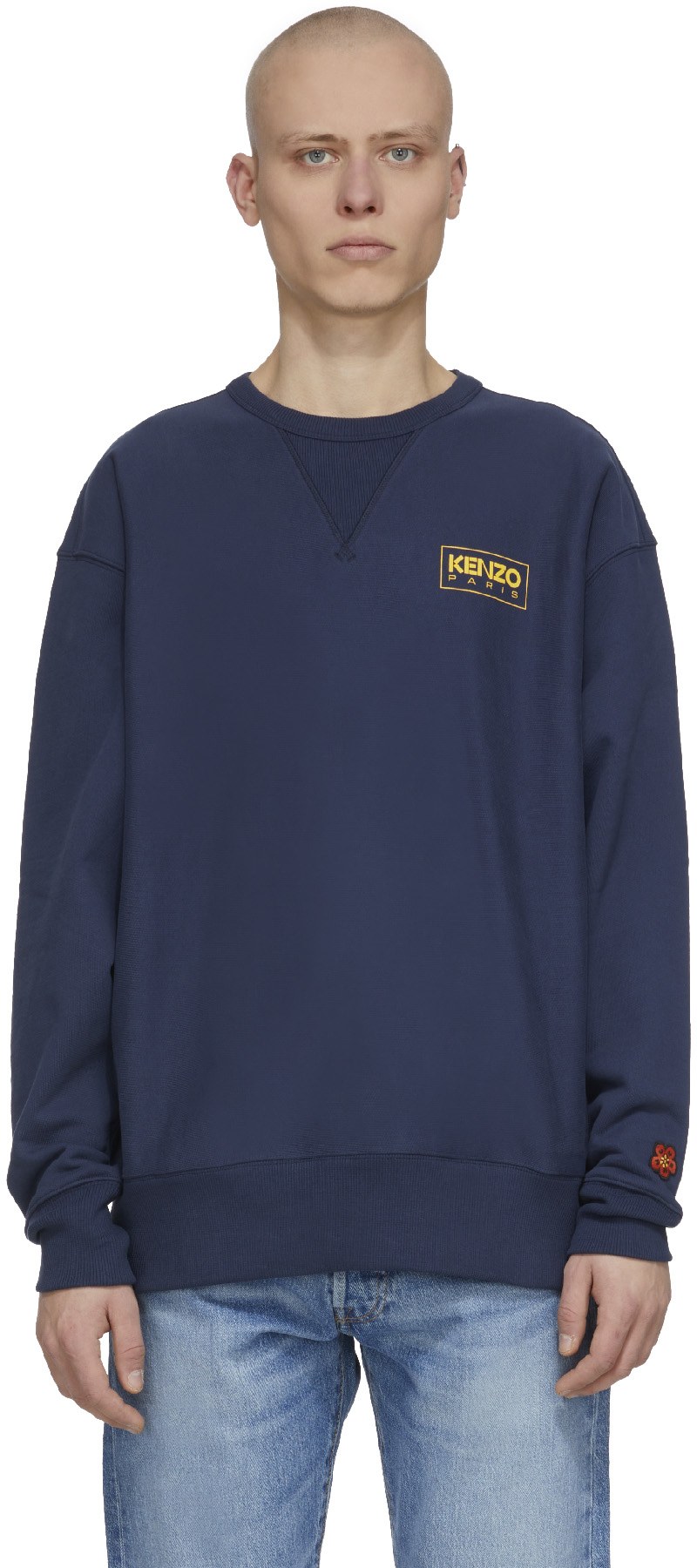 Kenzo: Bleu Pull Oversized à Logo Bleu - 1