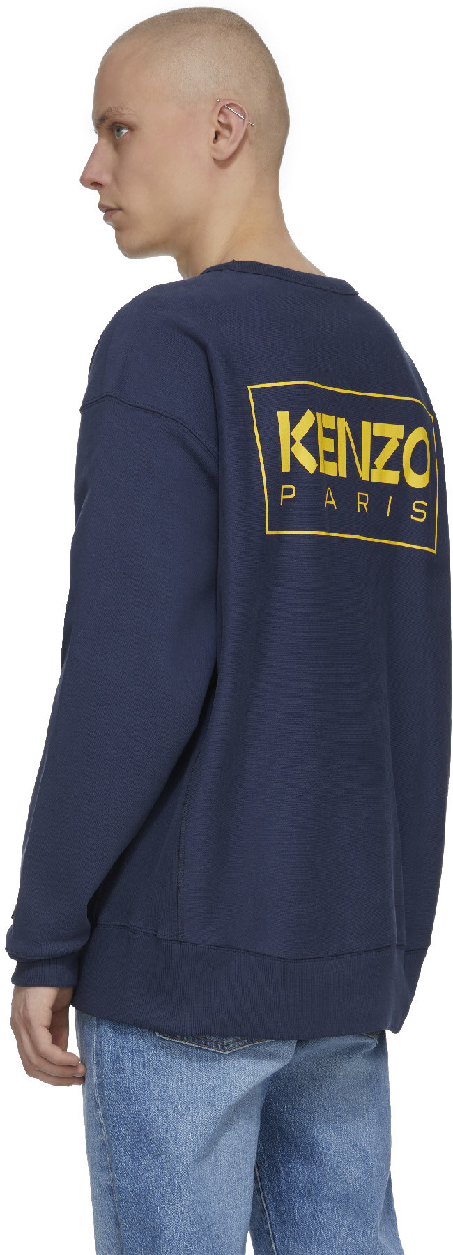 Kenzo: Bleu Pull Oversized à Logo Bleu - 3