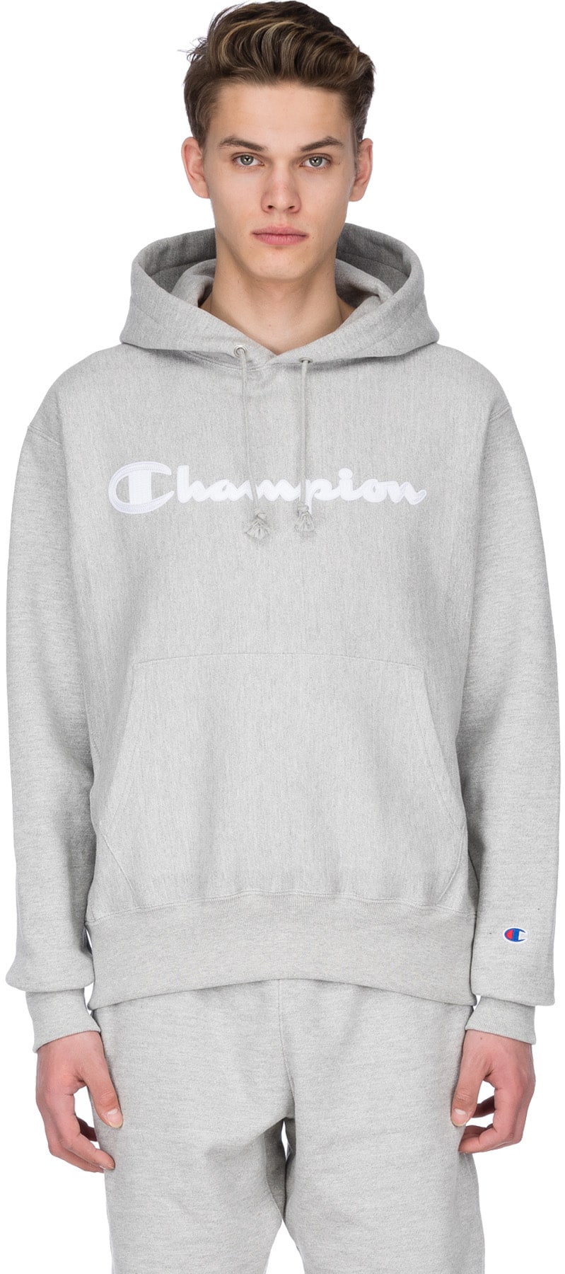 Champion: Grey Reverse Weave Script Logo Pullover Hoodie - 1