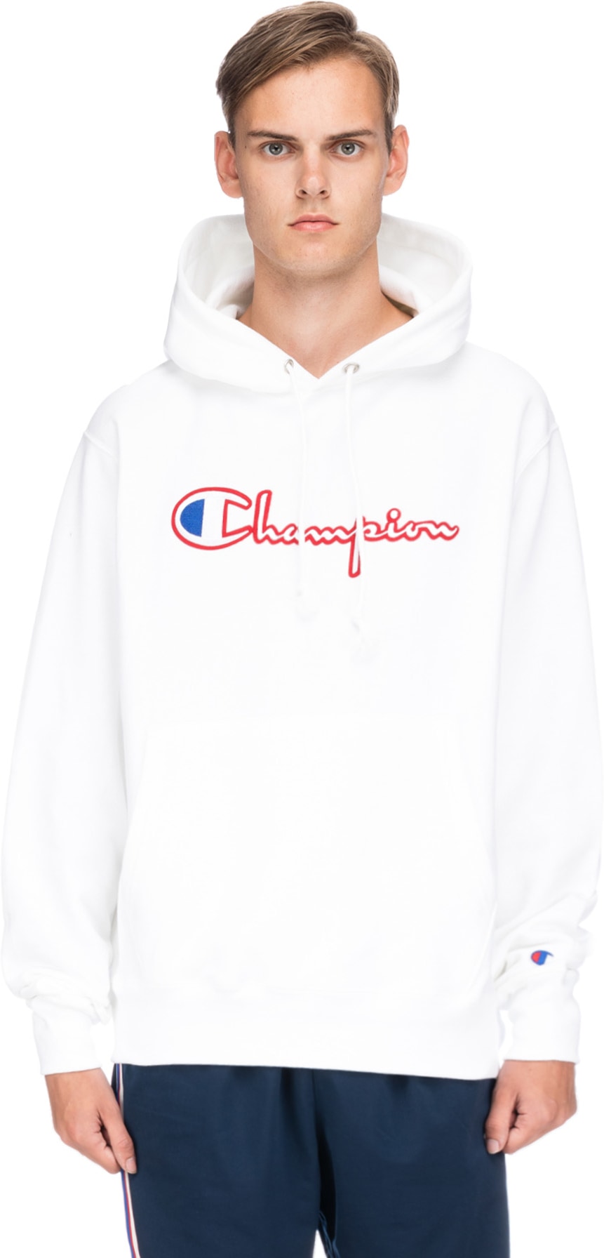 Champion: White Reverse Weave Satin Script Logo Pullover Hoodie - 1