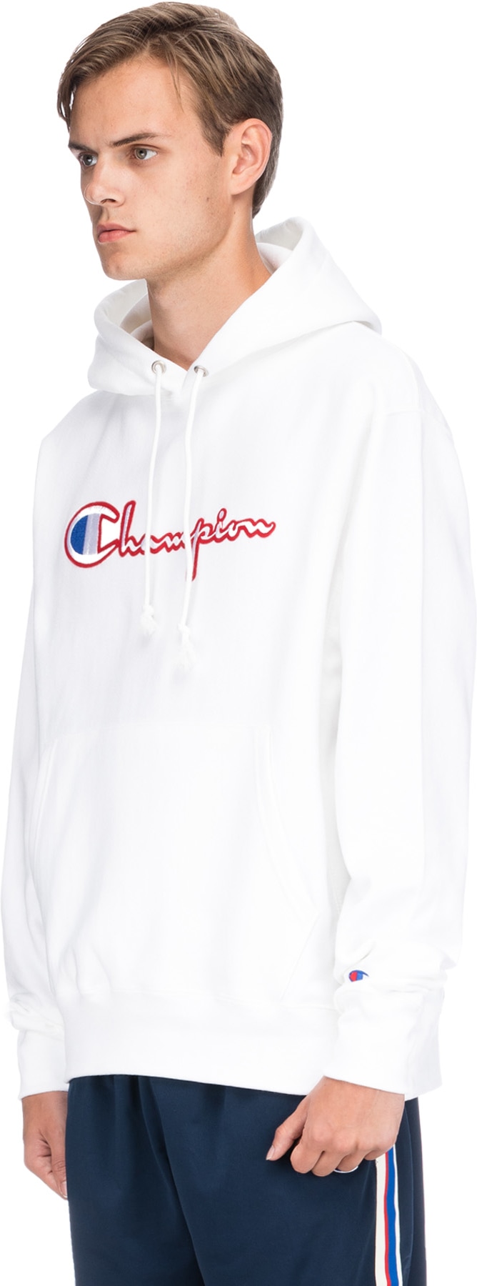 Champion: White Reverse Weave Satin Script Logo Pullover Hoodie - 2