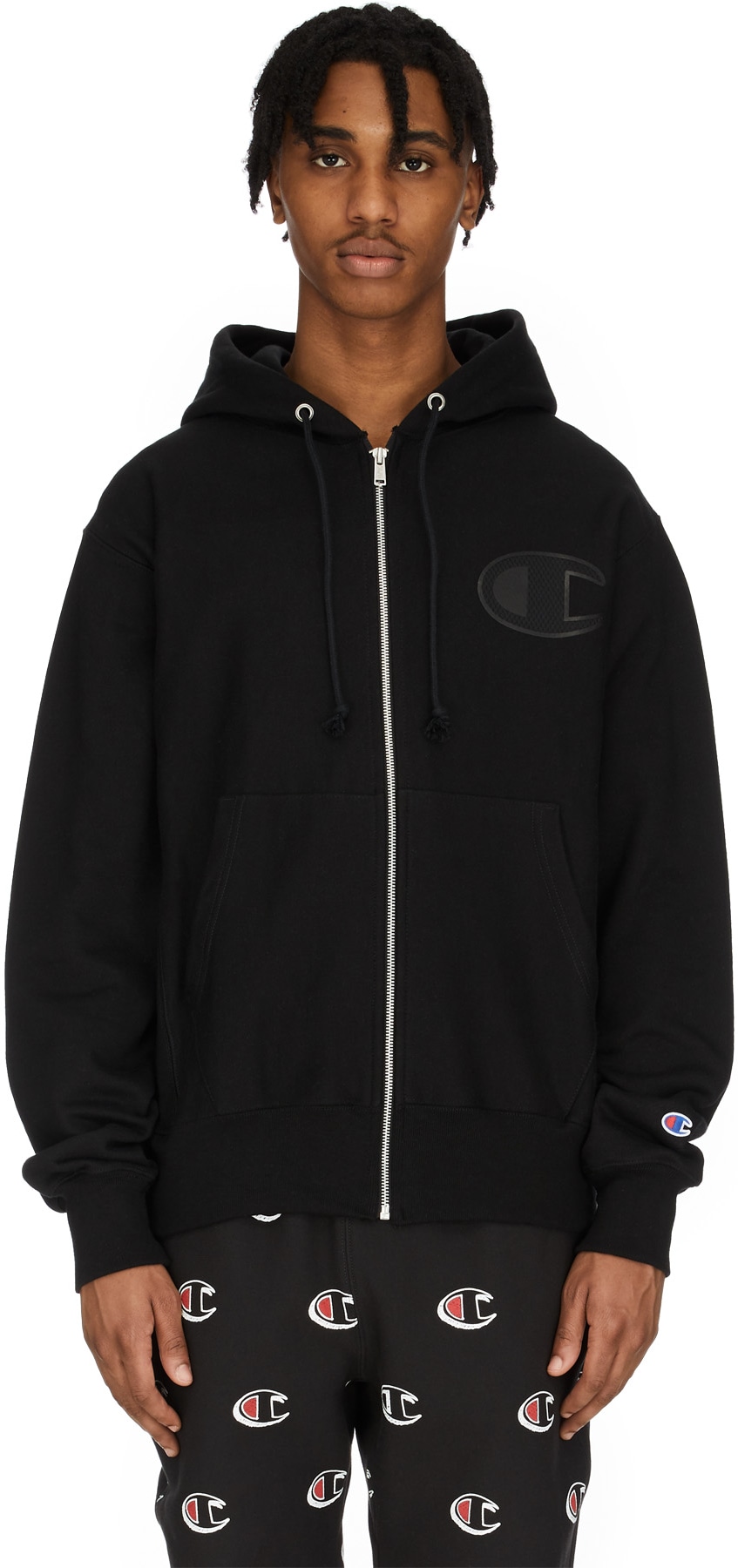 Champion: Black Reverse Weave Mesh Leather 'C' Logo Zip Hoodie - 1