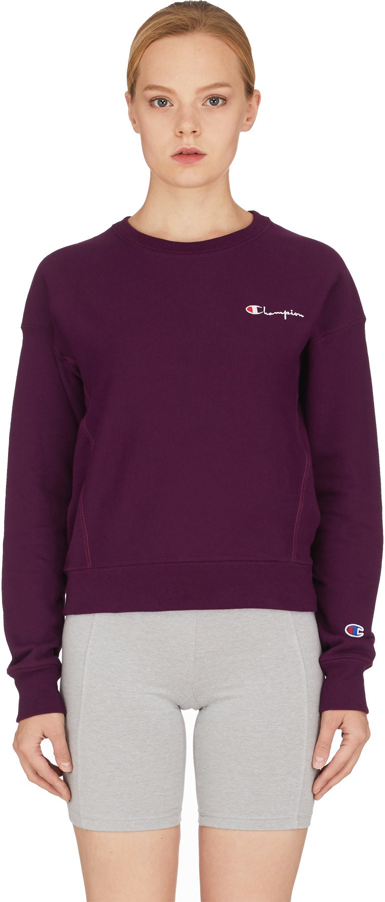 Champion: Purple Reverse Weave Script Crewneck Sweater - 1