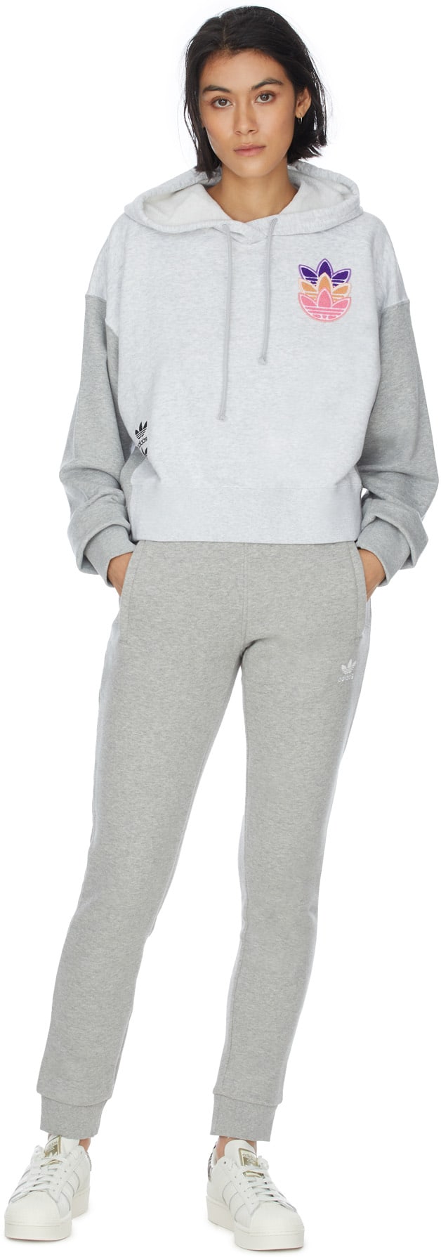 adidas Originals: Grey Play Logo Cropped Hoodie - 4