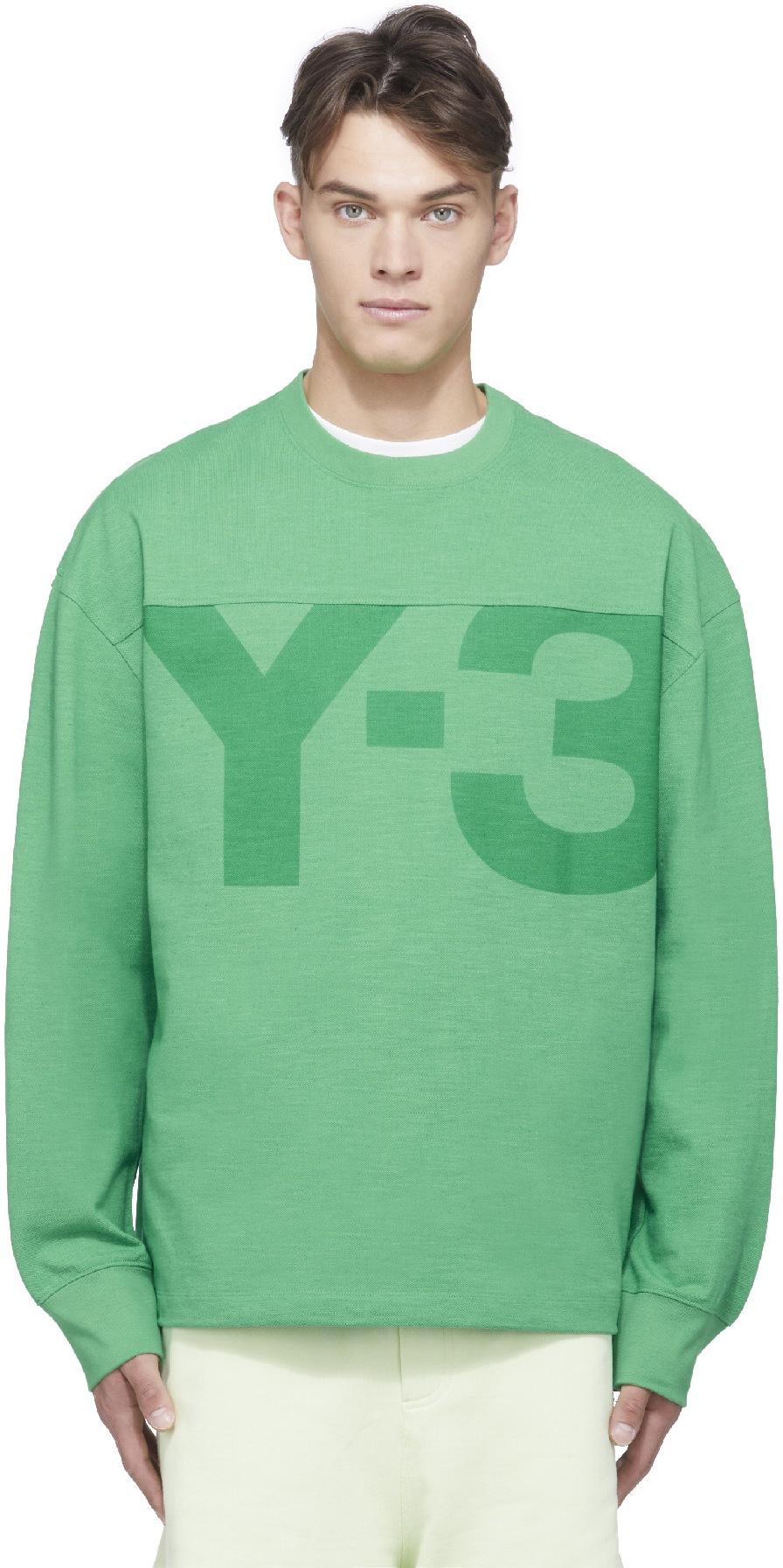 Y-3: Vert Pull Classique en Piqué Lourd Vert - 1