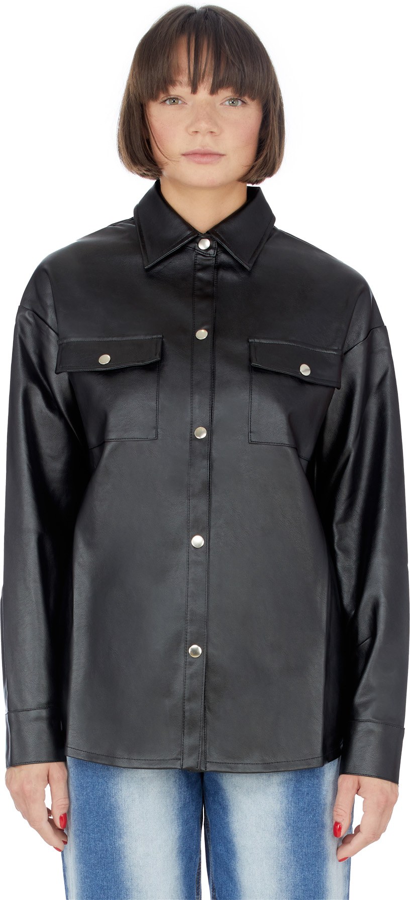influenceu: Black Vegan Leather Shacket - 1