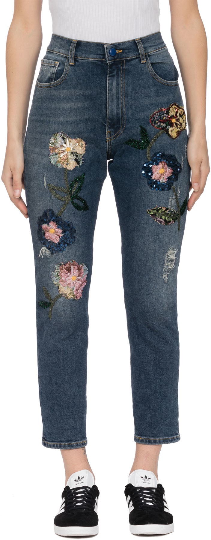History Repeats: Blue Floral Embellished Crop Jeans - 1