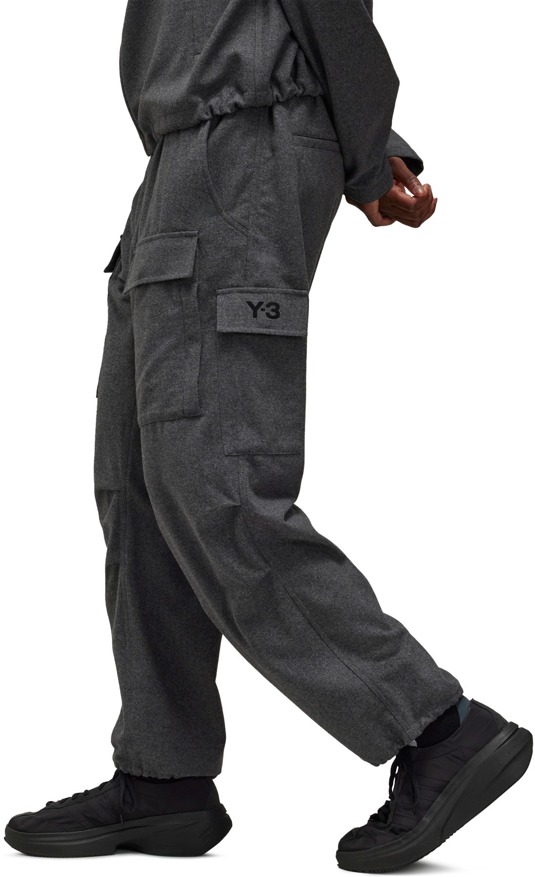 Y-3: Gris Pantalon cargo en flanelle de laine Gris - 4