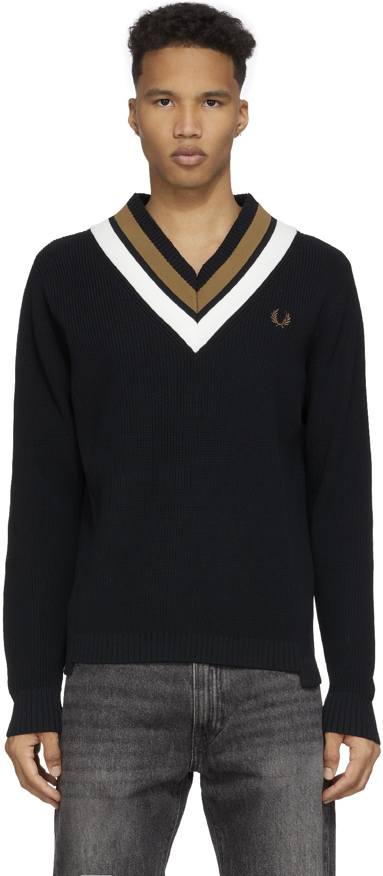 Fred Perry: Black Striped V-Neck Knit Sweater - 1