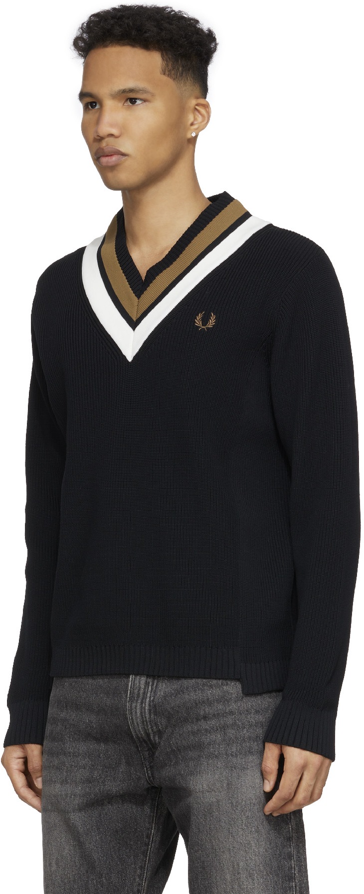 Fred Perry: Black Striped V-Neck Knit Sweater - 2