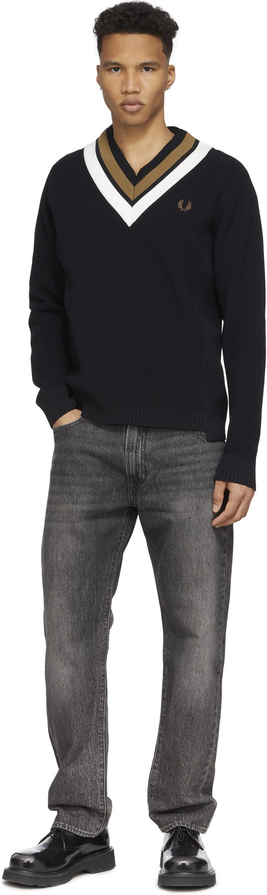 Fred Perry: Black Striped V-Neck Knit Sweater - 4