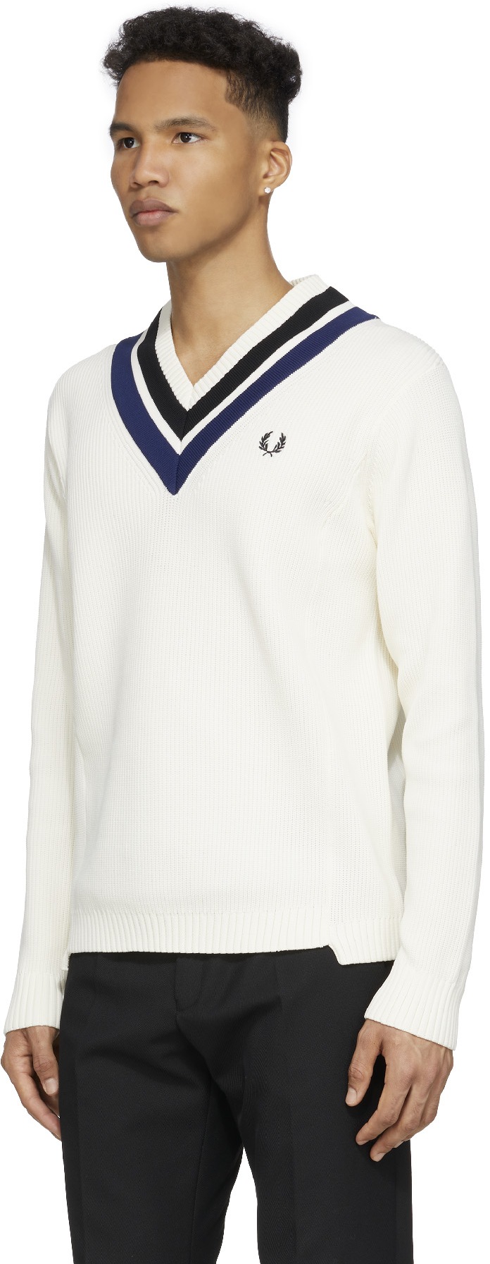 Fred Perry: Neutrals Striped V-Neck Knit Sweater - 2