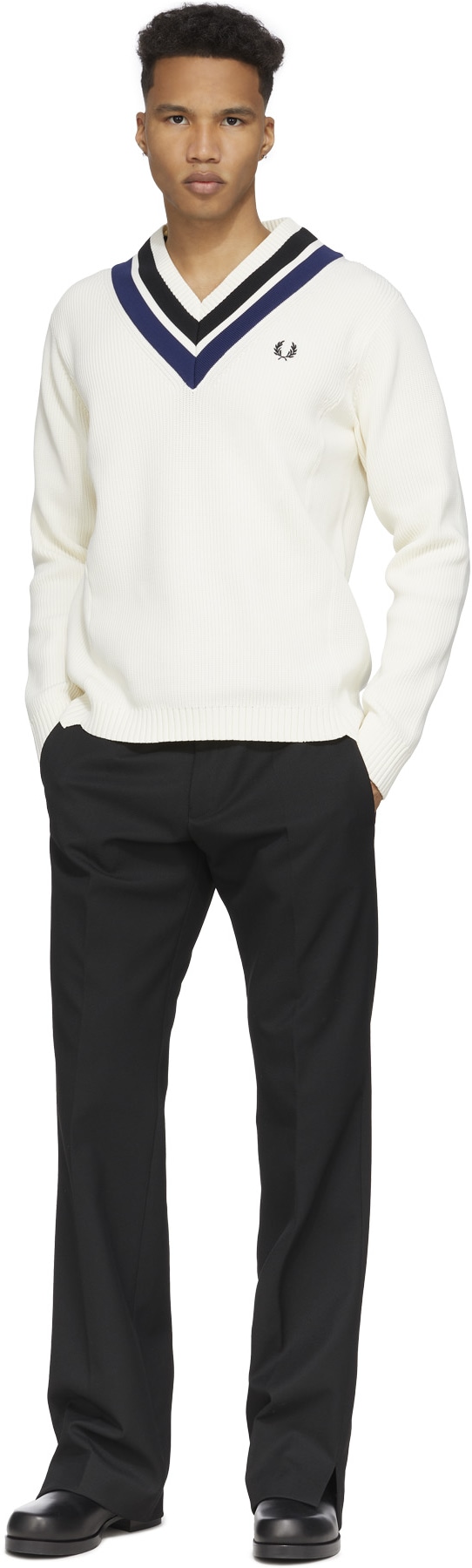 Fred Perry: Neutrals Striped V-Neck Knit Sweater - 4