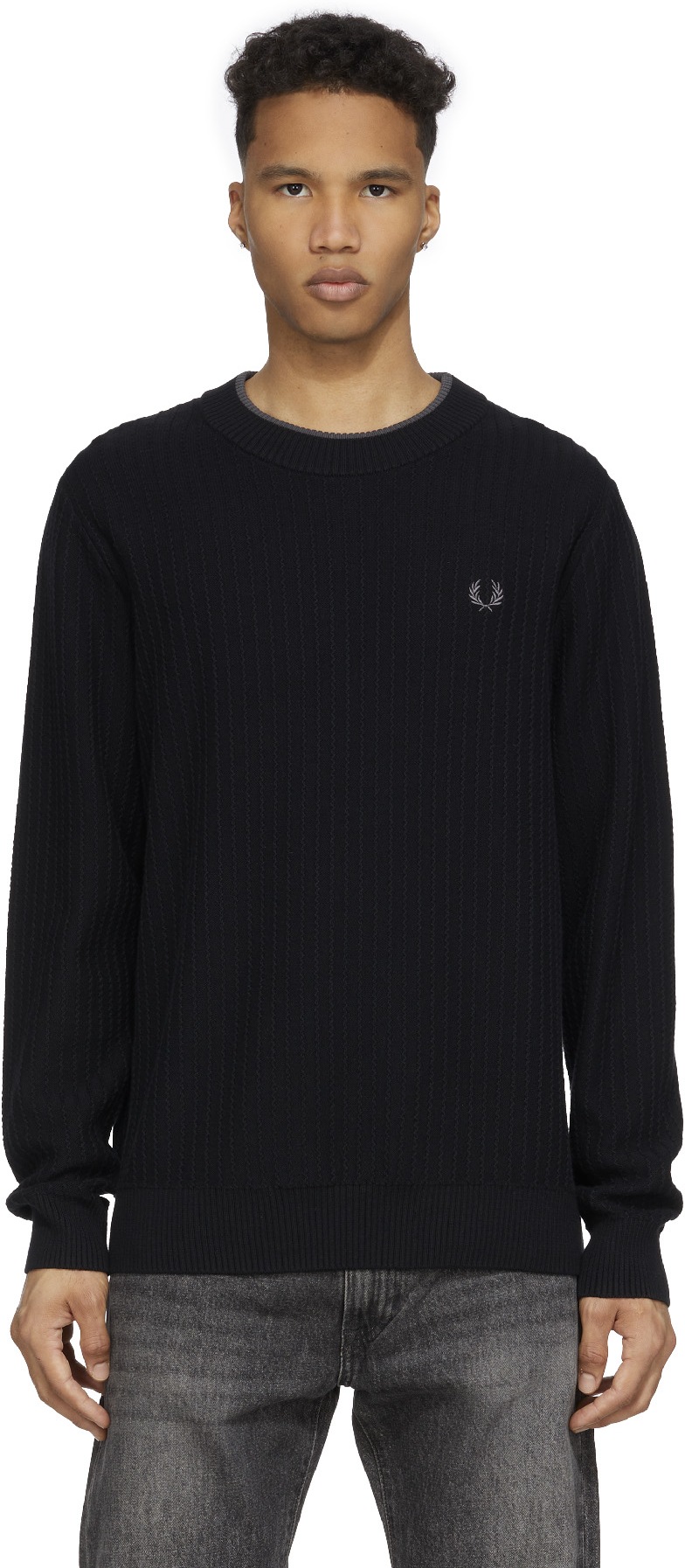 Fred Perry: Black Textured Crew Neck Sweater - 1