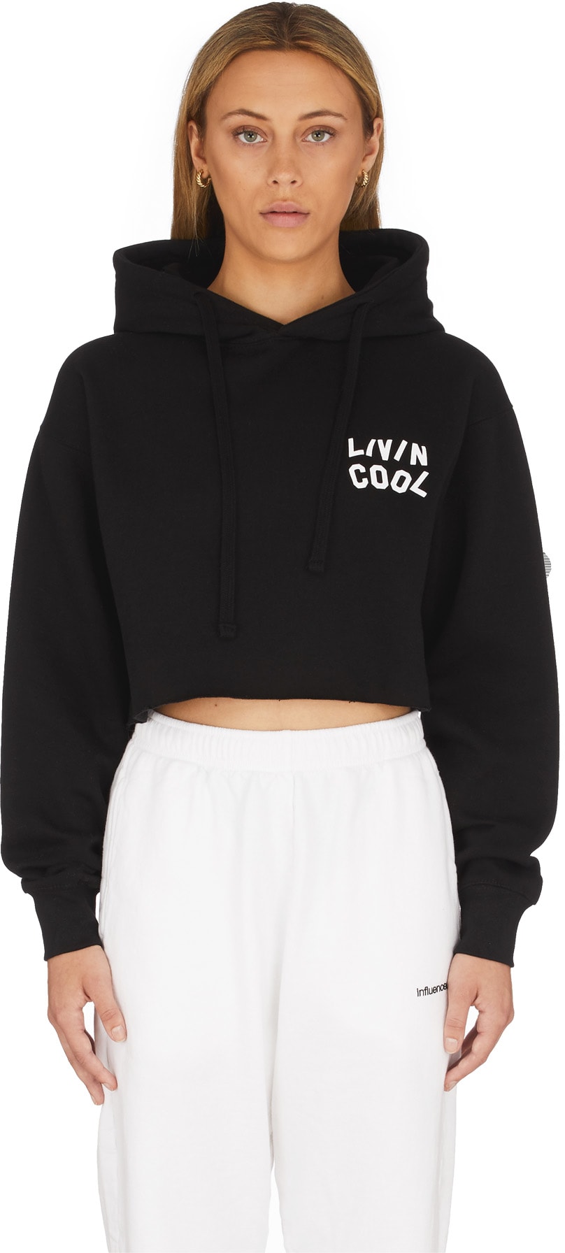 LIVINCOOL: Black Wavy Logo Crop Hoodie - 1