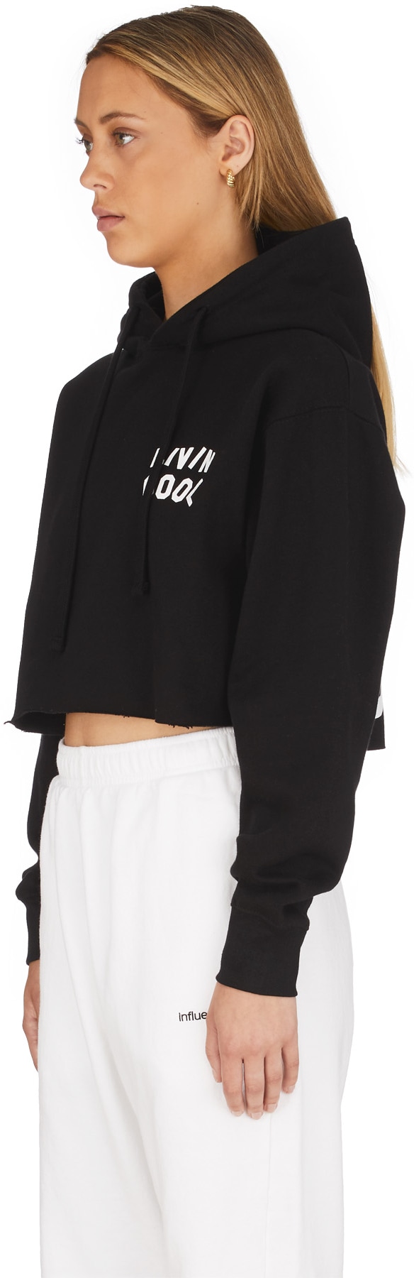 LIVINCOOL: Black Wavy Logo Crop Hoodie - 2