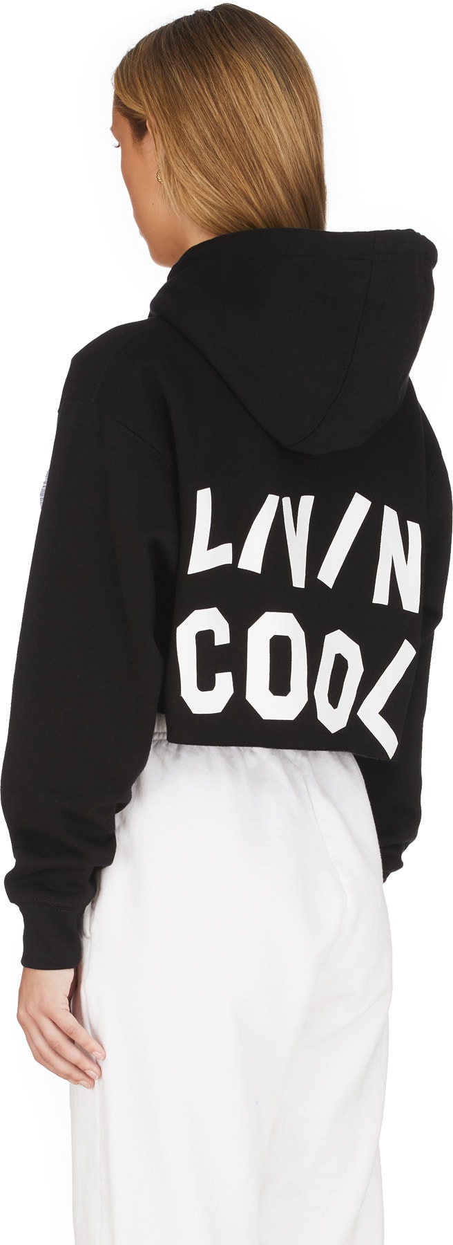 LIVINCOOL: Black Wavy Logo Crop Hoodie - 3
