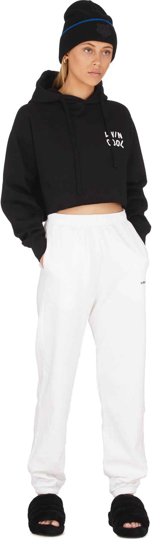 LIVINCOOL: Black Wavy Logo Crop Hoodie - 4