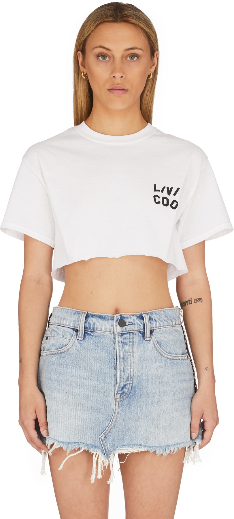 LIVINCOOL: White Wavy Logo Crop Top - 1