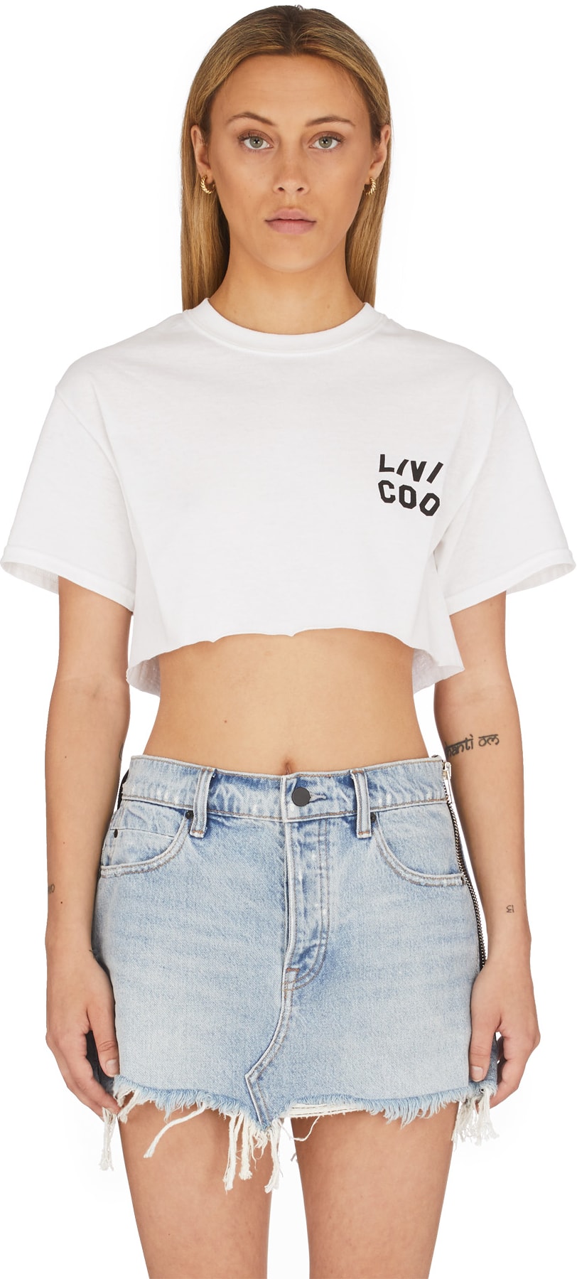 LIVINCOOL: White Wavy Logo Crop Top - 1