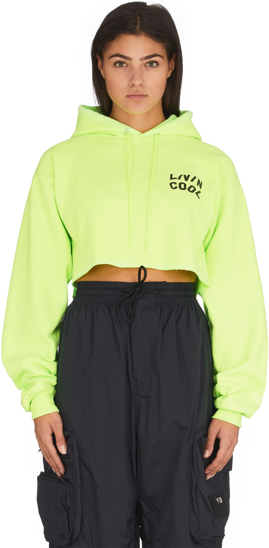 LIVINCOOL: Green Wavy Logo Cropped Hoodie - 1