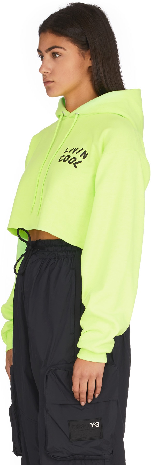 LIVINCOOL: Green Wavy Logo Cropped Hoodie - 2