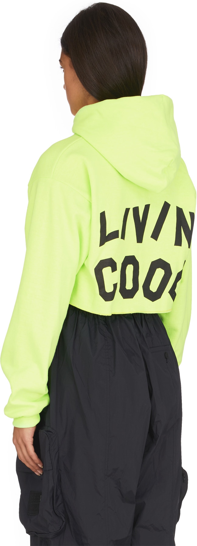 LIVINCOOL: Green Wavy Logo Cropped Hoodie - 3