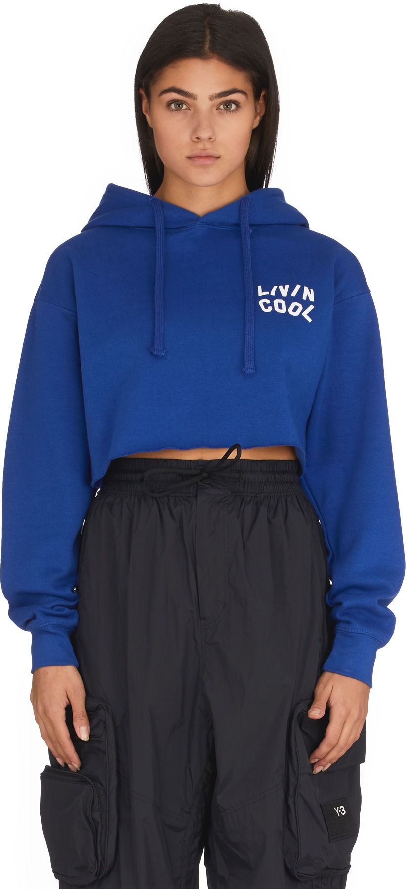 LIVINCOOL: Blue Wavy Logo Cropped Hoodie - 1