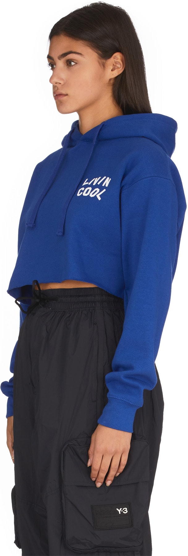 LIVINCOOL: Blue Wavy Logo Cropped Hoodie - 2