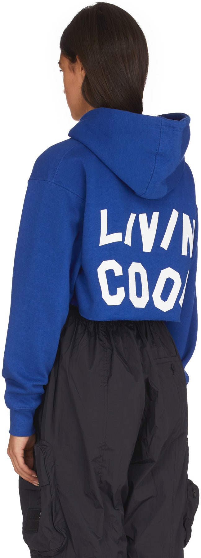 LIVINCOOL: Blue Wavy Logo Crop Hoodie - 3