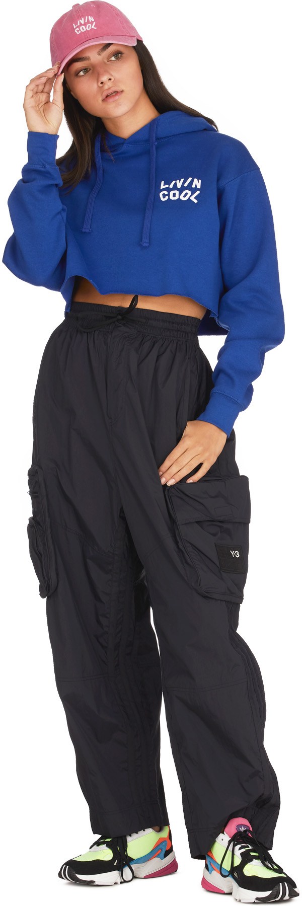 LIVINCOOL: Blue Wavy Logo Crop Hoodie - 4
