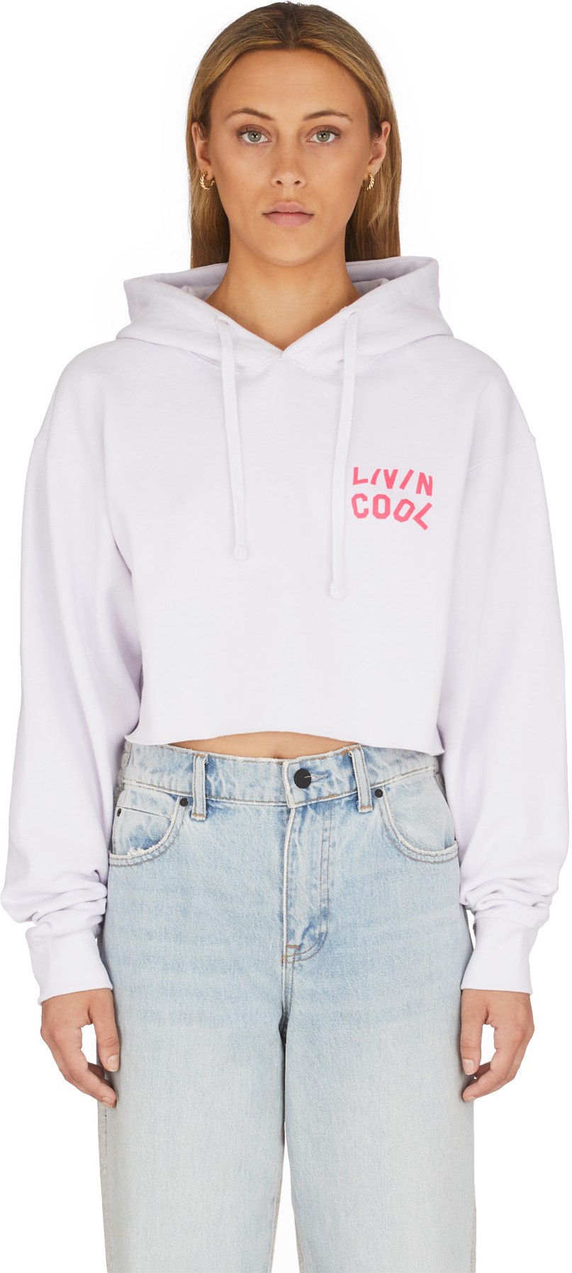 LIVINCOOL: White Wavy Logo Crop Hoodie - 1