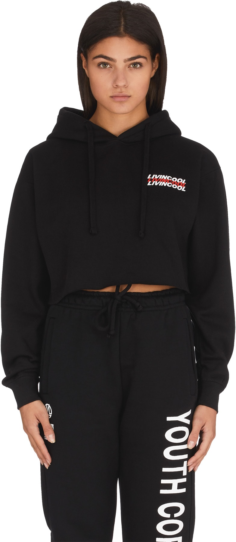 LIVINCOOL: Black World Tour Crop Hoodie - 1