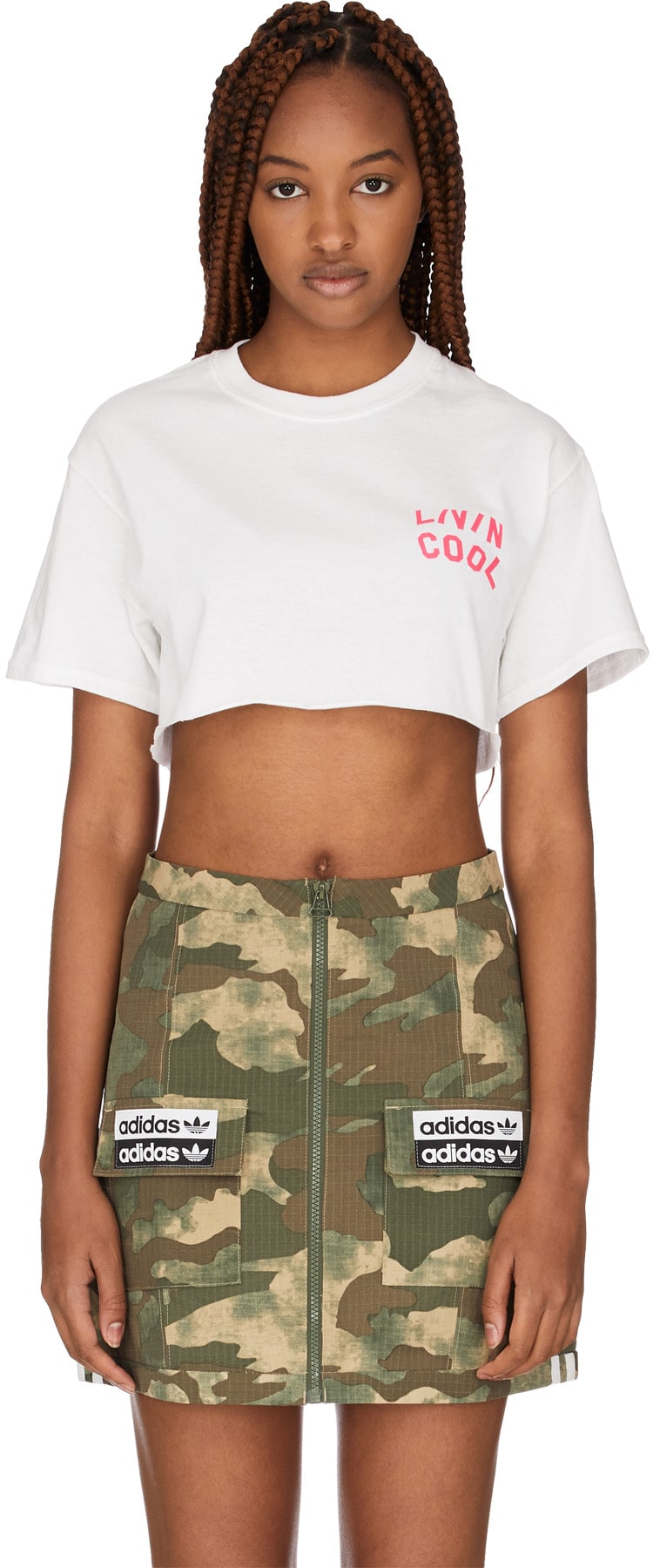 LIVINCOOL: White Wavy Logo Crop Top - 1