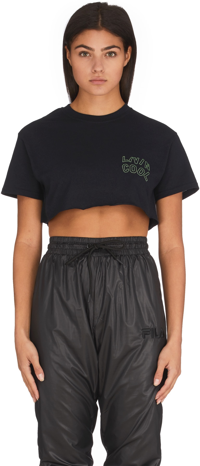 LIVINCOOL: Black Wavy Outline Logo Crop Top - 1