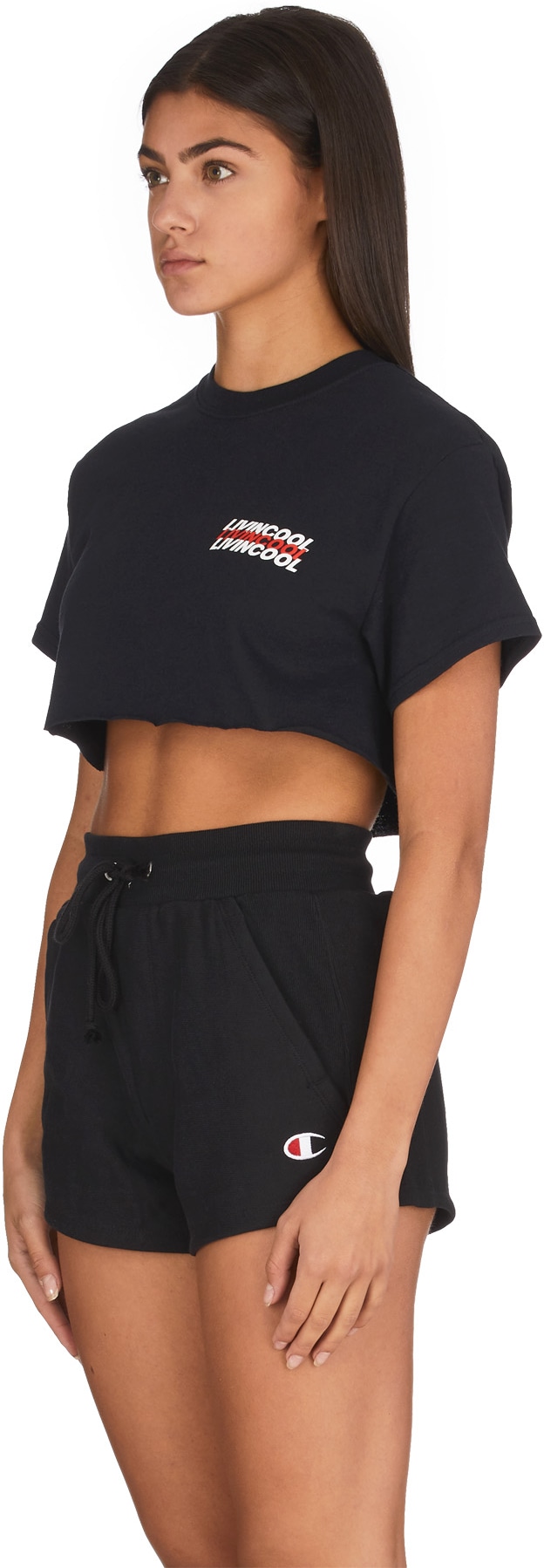 LIVINCOOL: Black World Logo Crop Top - 2