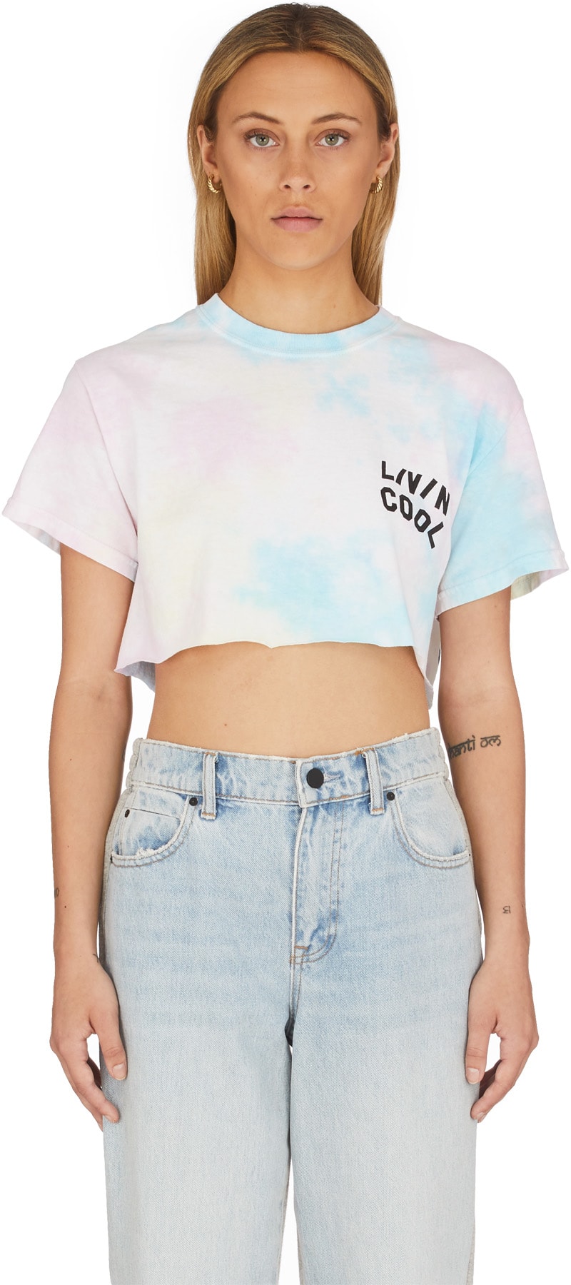 LIVINCOOL: Multicolor Wavy Logo Tie-Dye Crop Top - 1