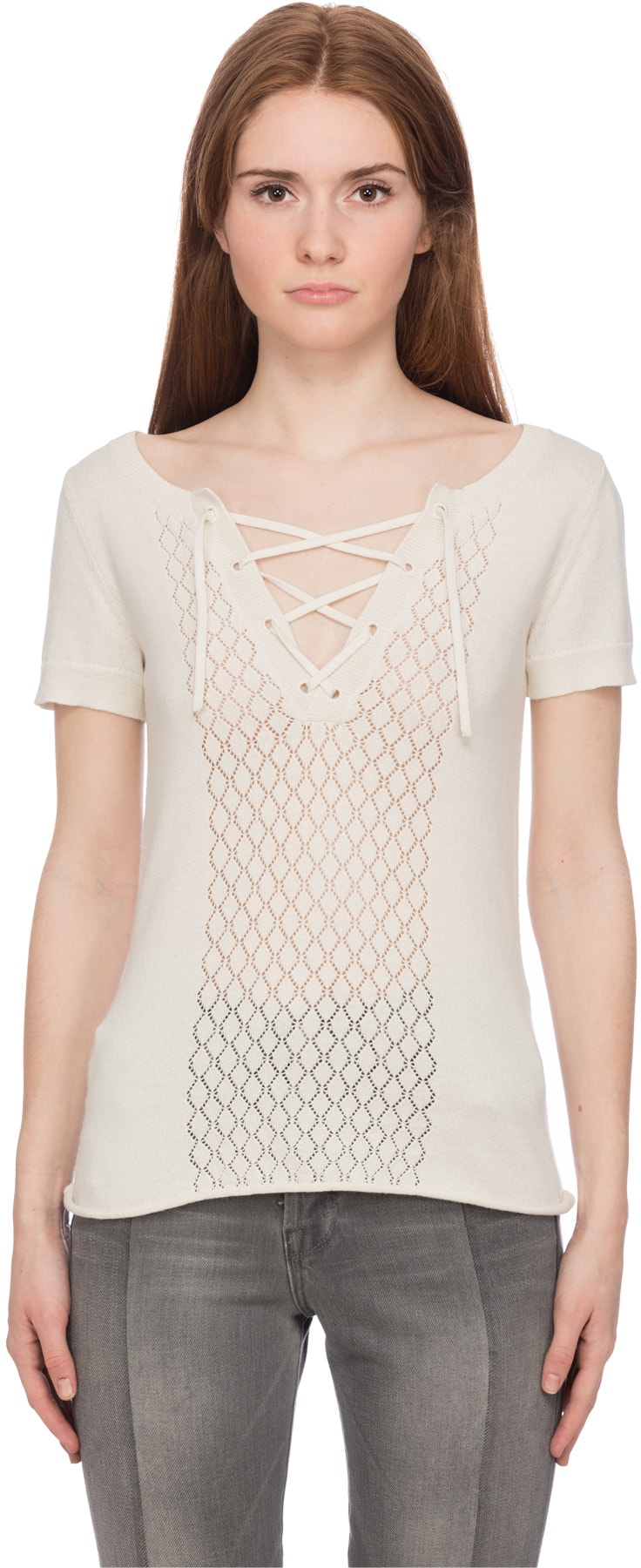 Frame: White Pointelle Lace Up T-Shirt - 1