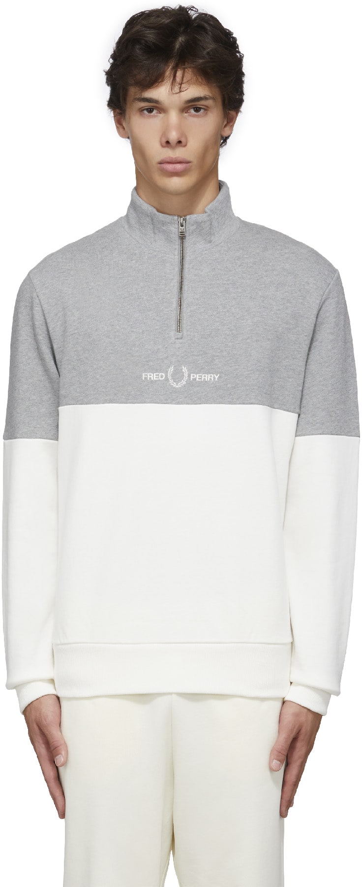 Fred Perry: White Color Block Half Zip Sweater - 1