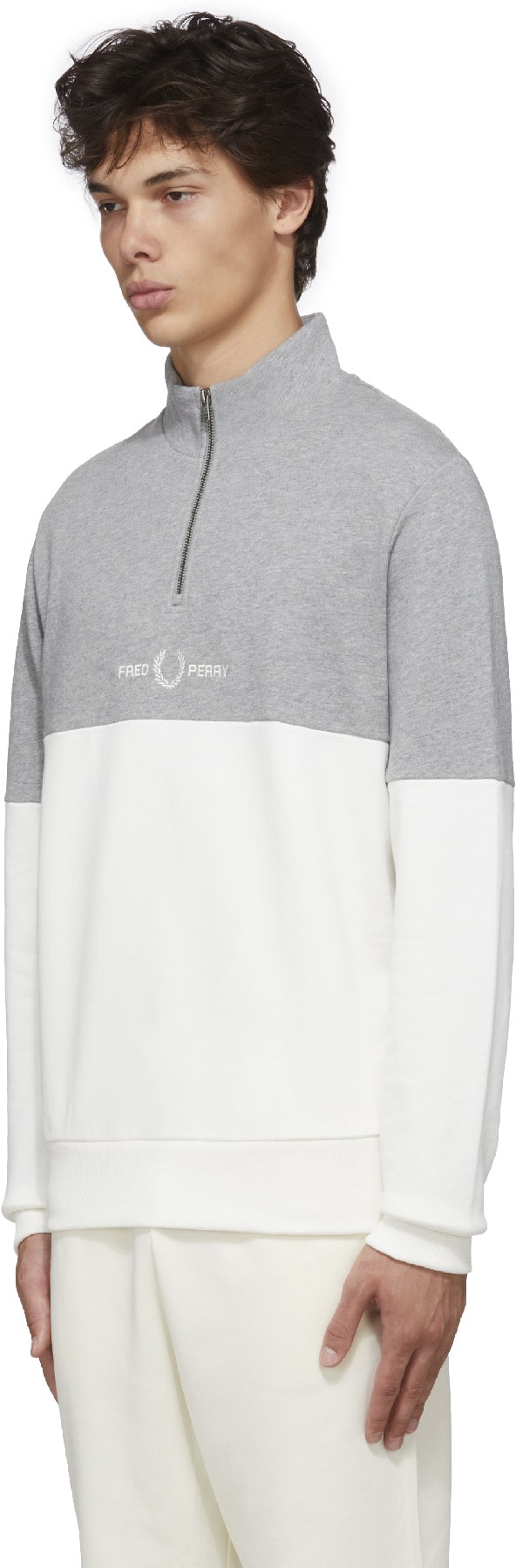 Fred Perry: White Color Block Half Zip Sweater - 2