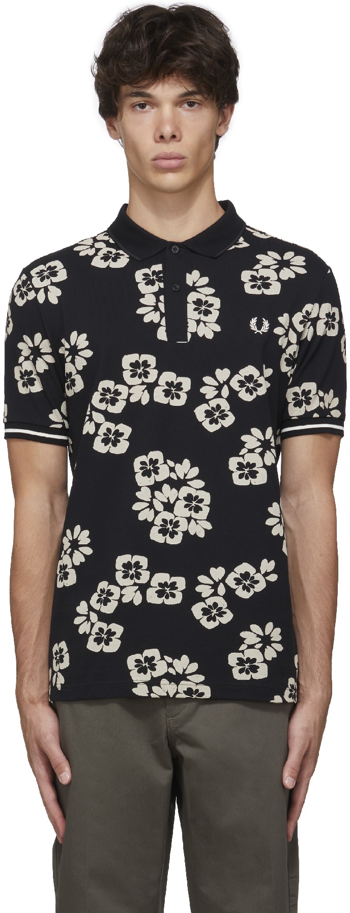 Fred Perry: Black Floral Print Polo Shirt - 1