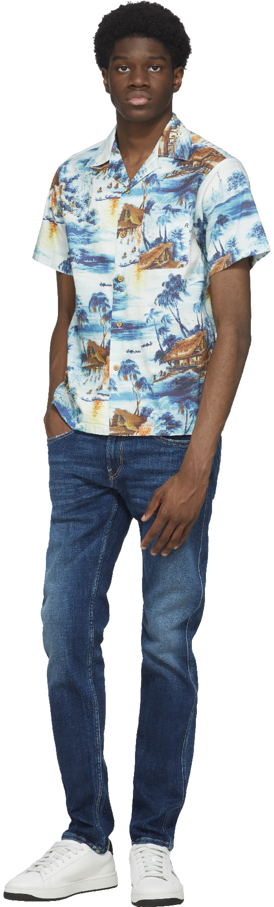 REPLAY: Blue Tropical Poplin Shirt - 4