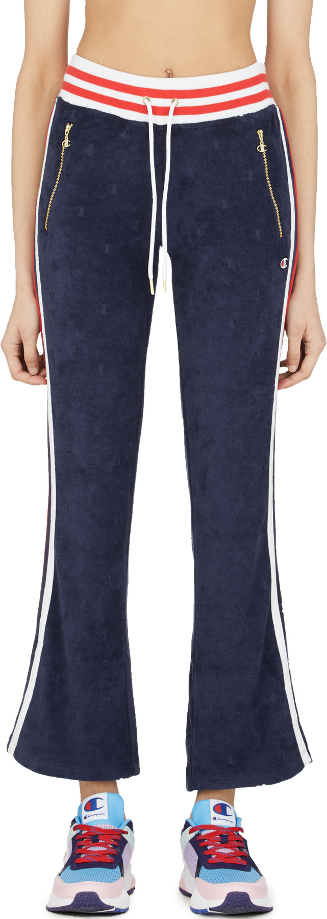 Champion: Blue Terry Cloth Allover Jacquard 'C' Logo Warm Up Slim Flare Pants - 1