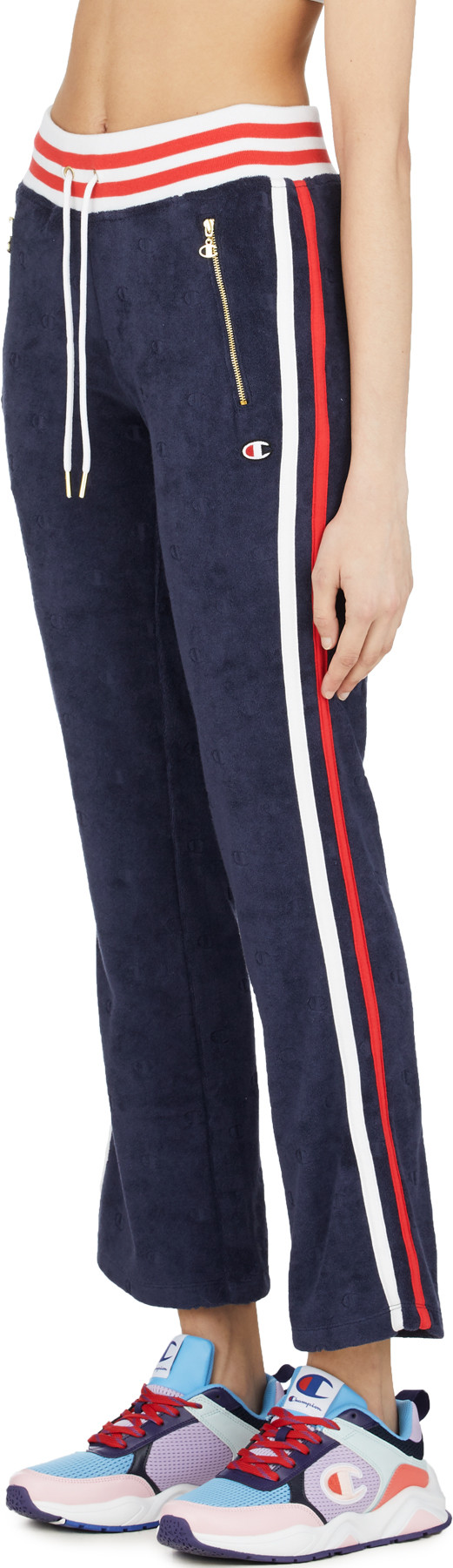 Champion: Blue Terry Cloth Allover Jacquard 'C' Logo Warm Up Slim Flare Pants - 2