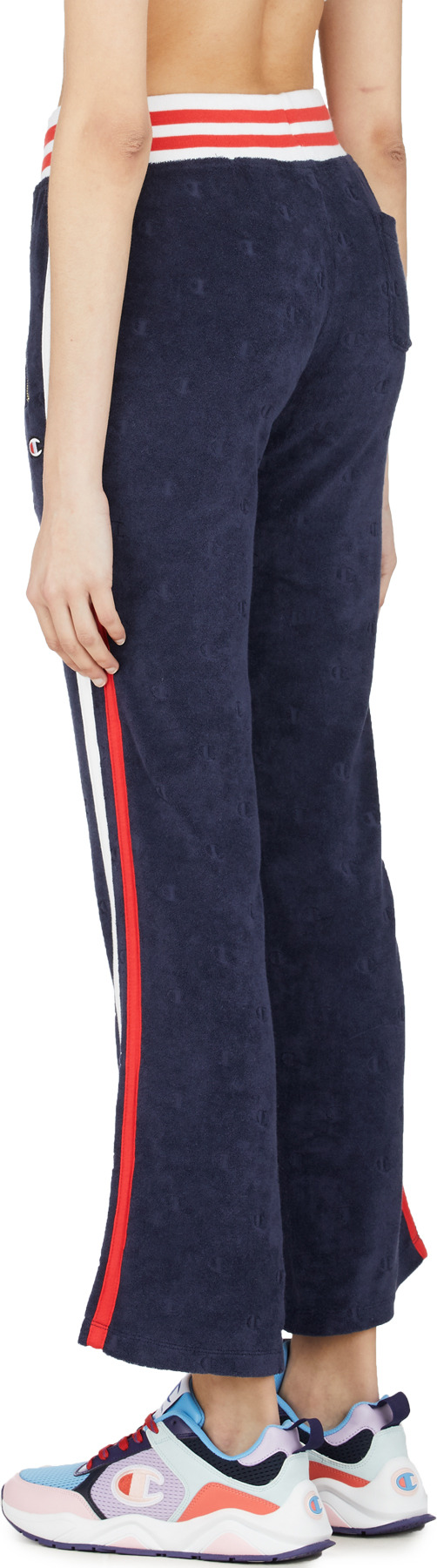 Champion: Blue Terry Cloth Allover Jacquard 'C' Logo Warm Up Slim Flare Pants - 3