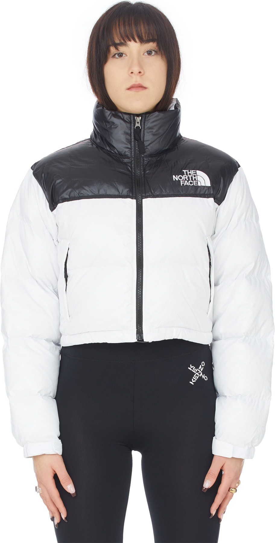 The North Face: White Nuptse Short Jacket - 1