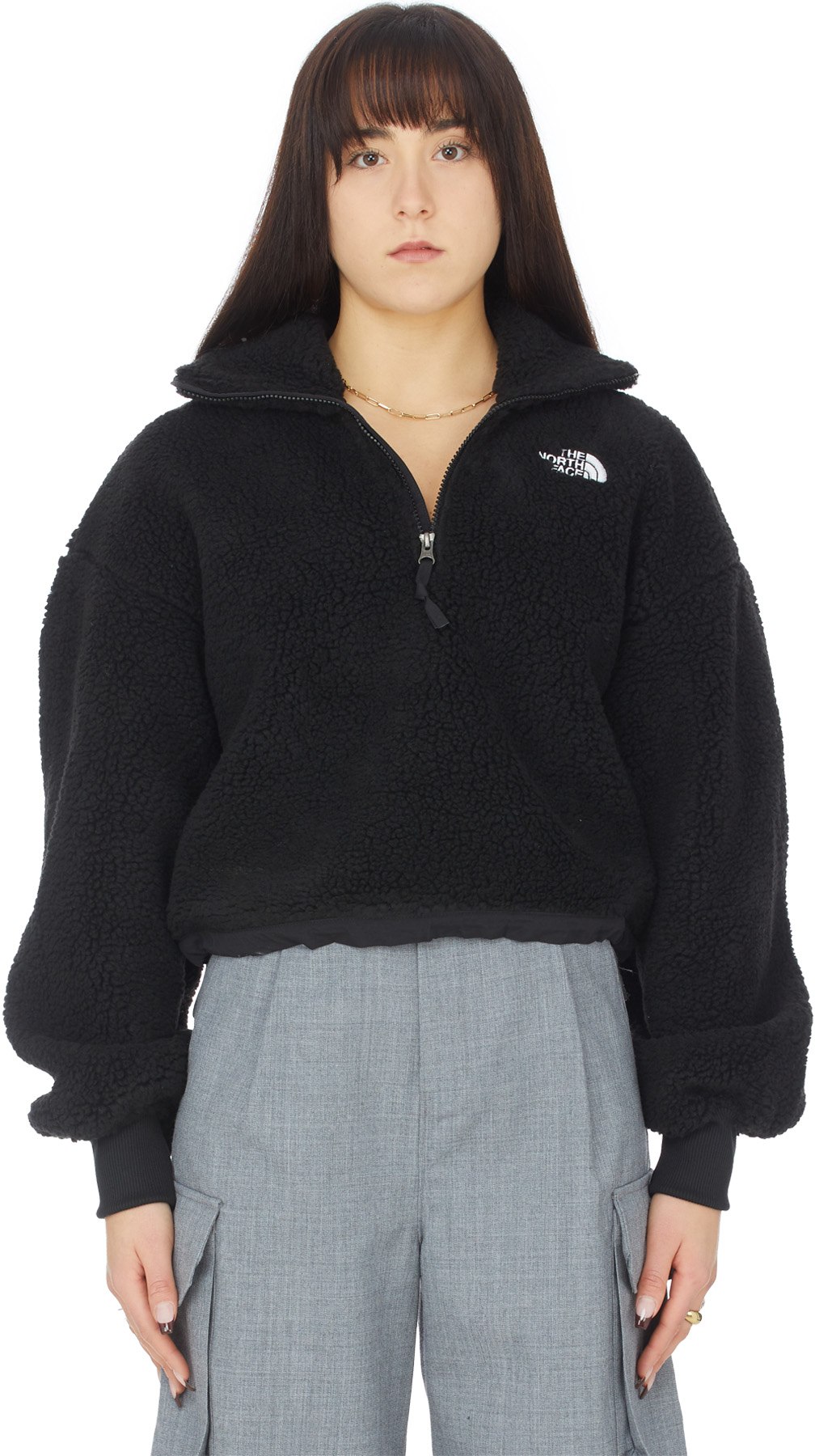 The North Face: Black Platte Sherpa Quarter Zip Jacket - 1