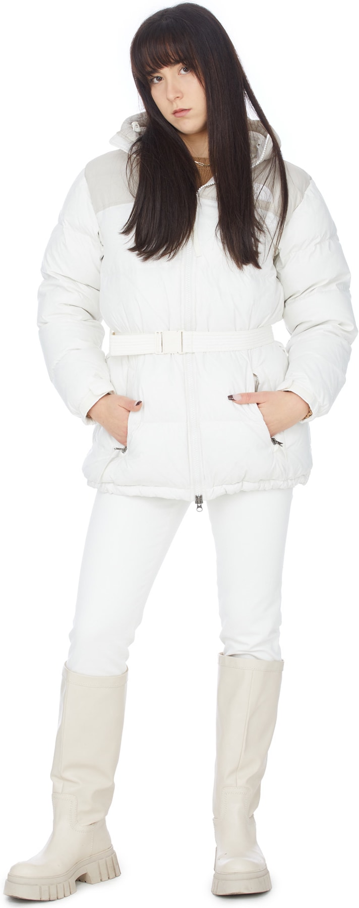 The North Face: White Nuptse Belted Mid Jacket - 4
